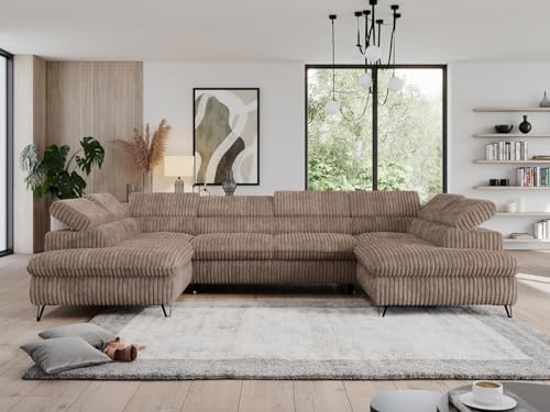 MKS MEBLE Big ecksofa mit schlaffunktion im modernen Stil. Verstellbare Kopfstützen und Zwei Bettkästen - Pedro U - Braun Cord von MKS MEBLE