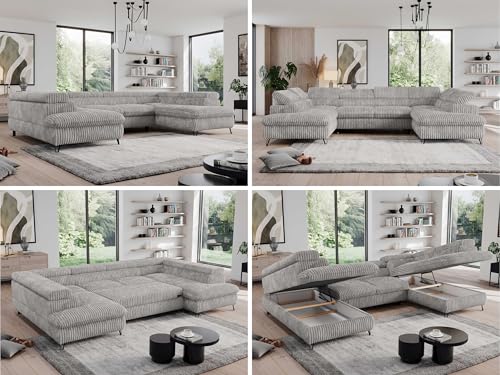 MKS MEBLE Cord Sofa U, Wohnlandschaft U-Form, Ecksofa mit Schlaffunktion und Bettkasten, Schlafsofa mit Bettkasten, Couch mit Verstellbare Kopfstützen - Pedro U - Grau Cord von MKS MEBLE
