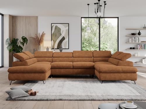 MKS MEBLE Big ecksofa mit schlaffunktion im modernen Stil. Verstellbare Kopfstützen und Zwei Bettkästen - Pedro U - Orange Strukture von MKS MEBLE