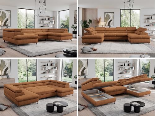 MKS MEBLE Sofa U, Wohnlandschaft U-Form, Ecksofa mit Schlaffunktion und Bettkasten, Schlafsofa mit Bettkasten, Couch mit Verstellbare Kopfstützen - Pedro U - Orange Struktur von MKS MEBLE