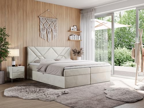 MKS MEBLE Boxspringbett, Doppelbett mit Matratze und Topper für Moderne Schlafzimmer - NEOMI - 140x200 - Beige Velvet - H3 von MKS MEBLE