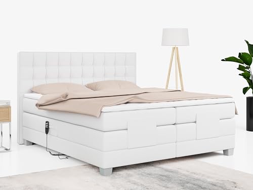 MKS MEBLE Boxspringbett 200x200 elektrisch verstellbar 7-Zonen Taschenfederkern Matratze inkl Visco Topper Bett 200x200 mit Motor Polsterbett Motorbett - Elektro - Weiß Kunstleder - H3 von MKS MEBLE