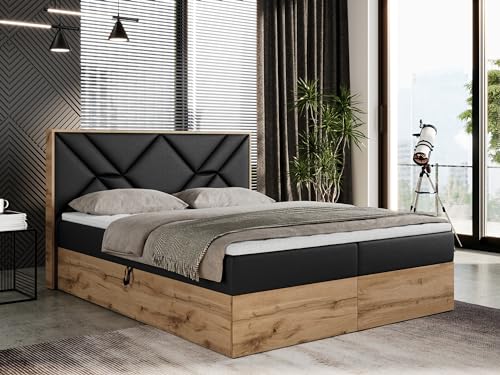 MKS MEBLE Boxspringbett 140x200 mit Bettkasten, Polsterbett 140x200 mit Matratze H3, Boxspringbett 140x200 mit Kopfteil, Boxspringbett mit Massivholz - Gunar - Schwarz Kunstleder - H3 von MKS MEBLE