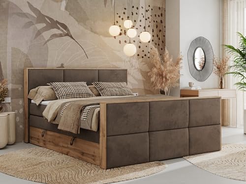 MKS MEBLE Boxspringbett 120x200 mit Bettkasten Holz Holzrahmen, Boxbett 120x200 mit Matratze H3 und Kopfteil - Braun Velvet - Albero-2 King Duo von MKS MEBLE