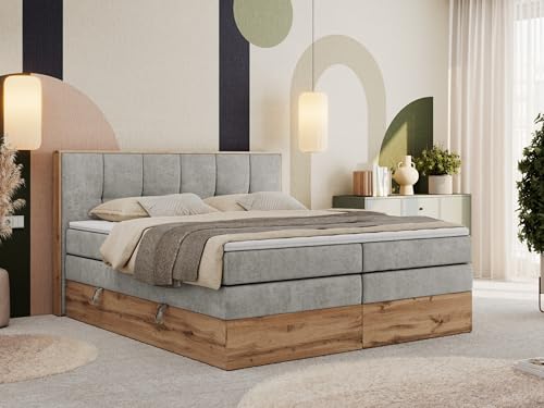 MKS MEBLE Boxspringbett 120x200 mit Bettkasten Holz Holzrahmen, Boxbett 120x200 mit Matratze H3 und Kopfteil - Hellgrau Strukture - Albero-1 King von MKS MEBLE