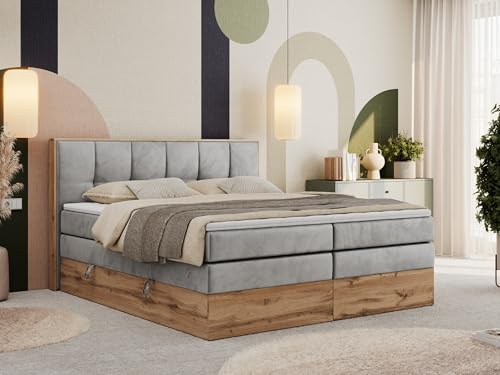MKS MEBLE Boxspringbett 120x200 mit Bettkasten Holz Holzrahmen, Boxbett 120x200 mit Matratze H3 und Kopfteil - Hellgrau Velvet - Albero-1 King von MKS MEBLE