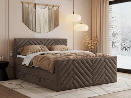 MKS MEBLE Boxspringbett 120x200 mit Bettkasten Matratze H3 - Paris King Duo - Braun Velvet von MKS MEBLE