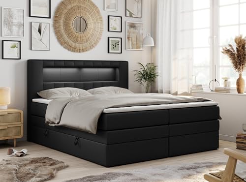 MKS MEBLE Boxspringbett 120x200 mit Led Kunstleder Schwarz, Polsterbett 120x200 mit LED Kopfteil, Multipocket Matratze H4, Doppelbett mit Bettkasten Stauraumbett - GOLD-5-KING - Kunstleder Schwarz von MKS MEBLE