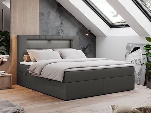 MKS MEBLE Boxspringbett 120x200 mit Led Grau Kunstleder, Polsterbett Bett 120x200 mit LED Kopfteil, Multipocket Matratze H4, Doppelbett mit Bettkasten Stauraumbett - Gold-5 - Dunkelgrau Kunstleder von MKS MEBLE