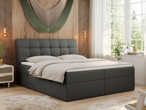 MKS MEBLE Boxspringbett 140x200 Grau Kunstleder, Bett mit Multipocket Matratze H4 und Topper, Polsterbett 140x200 mit Bettkasten und Kopfteil, DIEGOS Dunkelgrau Kunstleder von MKS MEBLE