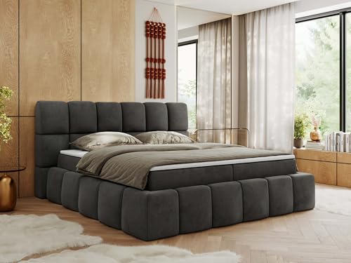 MKS MEBLE Boxspringbett 140x200 cm mit Bettkasten, Bett mit Matratze H3, Boxspringbett mit Topper - NIRA - Dunkelgrau Velvet - H3 von MKS MEBLE