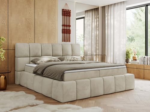 MKS MEBLE Boxspringbett 140x200 cm mit Bettkasten, Bett mit Matratze H4, Boxspringbett mit Topper - NIRA - Beige Velvet - H4 von MKS MEBLE