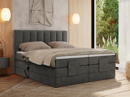 MKS MEBLE Boxspringbett 140x200 elektrisch verstellbar 7-Zonen Taschenfederkern Matratze und Topper Bett 140x200 mit Motor Polsterbett Motorbett - Comforto - Dunkelgrau Velvet - H3 von MKS MEBLE
