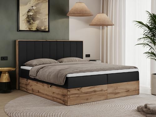 MKS MEBLE Boxspringbett 140x200 mit Bettkasten Eiche, Polsterbett 140x200 mit Matratze H4, Bett 140x200 mit Kopfteil, Bett mit Holzrahmen in Wotan Eiche - Schwarz Kunstleder - Bellissimo von MKS MEBLE
