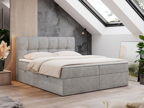 MKS MEBLE Boxspringbett 140x200 mit Bettkasten Grau Stukture, Bett mit Matratze H3 Topper, Polsterbett 140x200 mit Bettkasten Kopfteil, Boxspringbett mit Matratze H3, RICO Hellgrau Stukture von MKS MEBLE