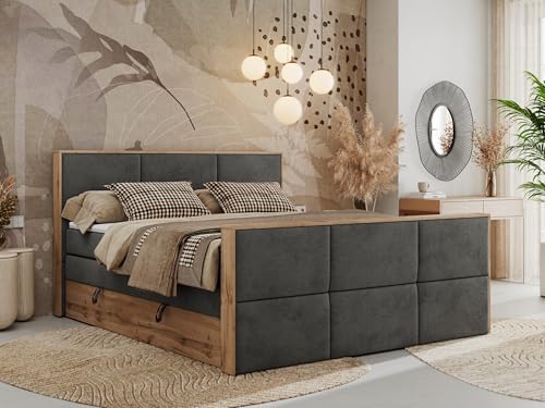 MKS MEBLE Boxspringbett 140x200 mit Bettkasten Holz Holzrahmen, Boxbett 140x200 mit Matratze H3 und Kopfteil - Dunkelgrau Velvet - Albero-2 King Duo von MKS MEBLE