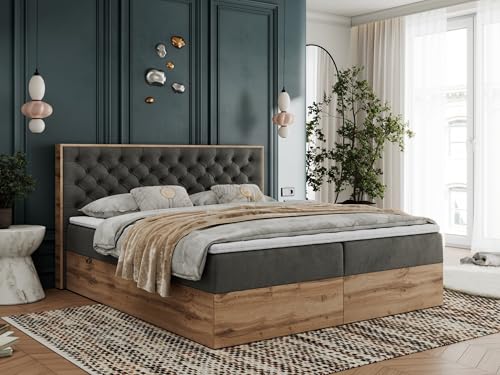 MKS MEBLE Boxspringbett 140x200 mit Bettkasten Holz Holzrahmen, Boxbett 140x200 mit Matratze H3 und Kopfteil - Dunkelgrau Velvet - Albero-3 von MKS MEBLE