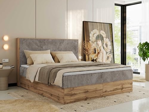 MKS MEBLE Boxspringbett 140x200 mit Bettkasten Holz Holzrahmen, Boxbett mit Matratze H3 und Kopfteil - Hellbraun Cord - Wood Classic MKS MEBLE Boxspringbett 140x200 mit Bettkasten Holz Holzrahmen, Boxbett mit Matratze H3 und Kopfteil - Hellbraun Cord - Wood Classic von MKS MEBLE
