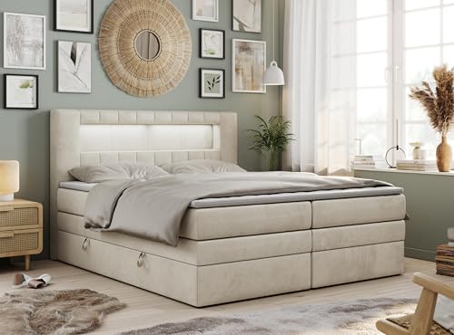 MKS MEBLE Boxspringbett 140x200 mit Led Samt Beige, Polsterbett 140x200 mit LED Kopfteil, Multipocket Matratze H3, Doppelbett mit Bettkasten Stauraumbett - GOLD-5-KING - Monolith Creme MKS MEBLE Boxspringbett 140x200 mit Led Samt Beige, Polsterbett 140x200 mit LED Kopfteil, Multipocket Matratze H3, Doppelbett mit Bettkasten Stauraumbett - GOLD-5-KING - Monolith Creme von MKS MEBLE