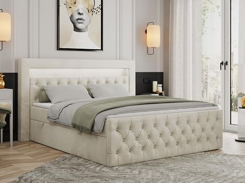MKS MEBLE Boxspringbett 140x200 mit Led Beige Samt, Bett Polsterbett 140x200 mit LED Kopfteil, Multipocket Matratze H3, Doppelbett mit Bettkasten Stauraumbett - Gold-9 - Beige Velvet von MKS MEBLE