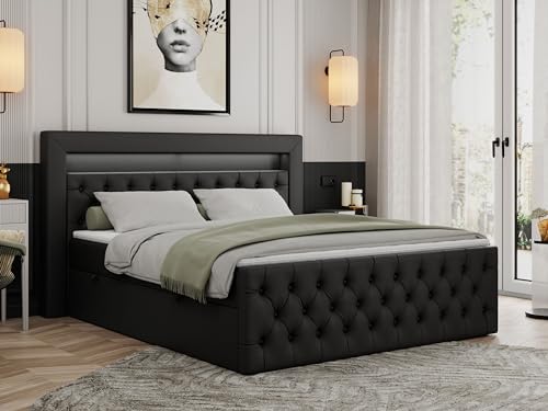 MKS MEBLE Boxspringbett 140x200 mit Led Schwarz Kunstleder, Bett Polsterbett 140x200 mit LED Kopfteil, Multipocket Matratze H3, Doppelbett mit Bettkasten Stauraumbett - Gold-9 - Schwarz Kunstleder MKS MEBLE Boxspringbett 140x200 mit Led Schwarz Kunstleder, Bett Polsterbett 140x200 mit LED Kopfteil, Multipocket Matratze H3, Doppelbett mit Bettkasten Stauraumbett - Gold-9 - Schwarz Kunstleder von MKS MEBLE