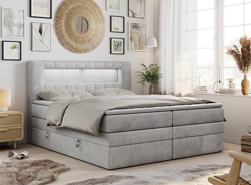 MKS MEBLE Boxspringbett 140x200 mit Led Samt Grau, Polsterbett mit LED Kopfteil, Multipocket Matratze H3, Doppelbett mit Bettkasten Stauraumbett - GOLD-5-KING - Velvet Hellgrau von MKS MEBLE