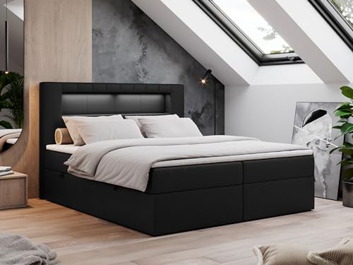 MKS MEBLE Boxspringbett 140x200 mit Led Schwarz Kunstleder, Polsterbett Bett 140x200 mit LED Kopfteil, Multipocket Matratze H3, Doppelbett mit Bettkasten Stauraumbett - Gold-5 - Schwarz Kunstleder MKS MEBLE Boxspringbett 140x200 mit Led Schwarz Kunstleder, Polsterbett Bett 140x200 mit LED Kopfteil, Multipocket Matratze H3, Doppelbett mit Bettkasten Stauraumbett - Gold-5 - Schwarz Kunstleder von MKS MEBLE