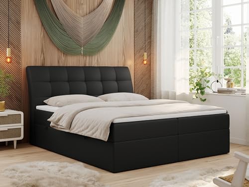 MKS MEBLE Boxspringbett 140x200 mit Matratze, Bett mit Multipocket - Matratze H3 und Topper, Polsterbett 140x200 mit Bettkasten und Kopfteil, DIEGOS - Schwarz Kunstleder von MKS MEBLE