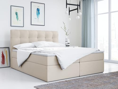 MKS MEBLE Boxspringbett 140x200 mit Matratze, Bett mit Multipocket - Matratze H3 und Topper, Polsterbett 140x200 mit Bettkasten und Kopfteil, TOP-1 - Beige Velvet von MKS MEBLE