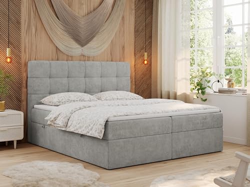 MKS MEBLE Boxspringbett 140x200 mit Matratze, Bett mit Multipocket - Matratze H3 und Topper, Polsterbett 140x200 mit Bettkasten und Kopfteil, ERNI - Hellgrau Stukture von MKS MEBLE