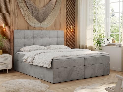 MKS MEBLE Boxspringbett 140x200 mit Matratze, Bett mit Multipocket - Matratze H3 und Topper, Polsterbett 140x200 mit Bettkasten und Kopfteil, ERNI - Hellgrau Velvet von MKS MEBLE