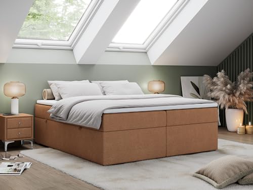 MKS MEBLE Boxspringbett 140x200 ohne Kopfteil mit Bettkasten, Bett 140x200 niedriges Kopfteil, Polsterbett 140x200 ohne Kopfteil - Bess - Orange Struktur - H3 von MKS MEBLE