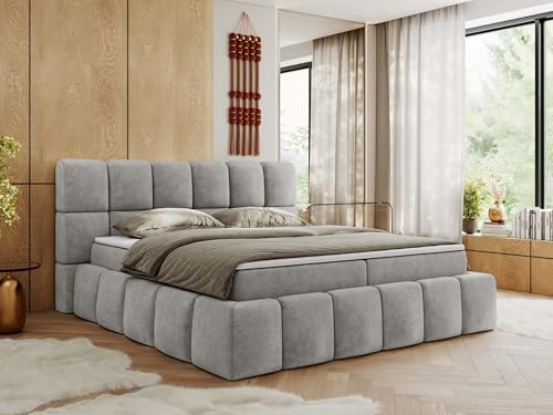 MKS MEBLE Boxspringbett 160x200 cm mit Bettkasten, Bett mit Matratze H3, Boxspringbett mit Topper - NIRA - Hellgrau Strukture - H3 von MKS MEBLE