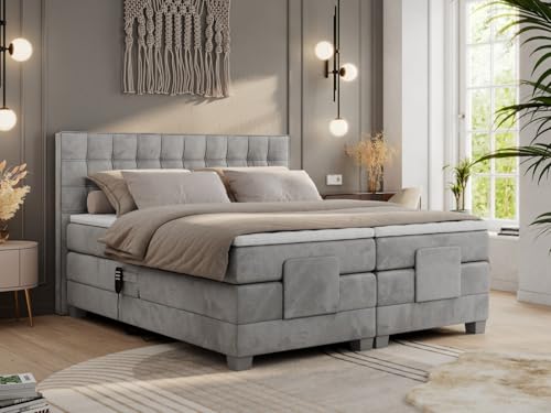 MKS MEBLE Boxspringbett 160x200 elektrisch verstellbar 7-Zonen Taschenfederkern Matratze inkl Visco Topper Bett 160x200 mit Motor Polsterbett Motorbett - Elektro - Hellgrau Velvet - H4 von MKS MEBLE