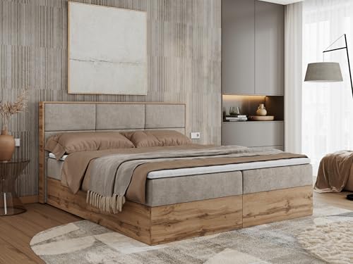MKS MEBLE Boxspringbett 160x200 mit Bettkasten Holz Holzrahmen, Boxbett 160x200 mit Matratze H4 und Kopfteil - Beige Struktur - Albero-2 von MKS MEBLE