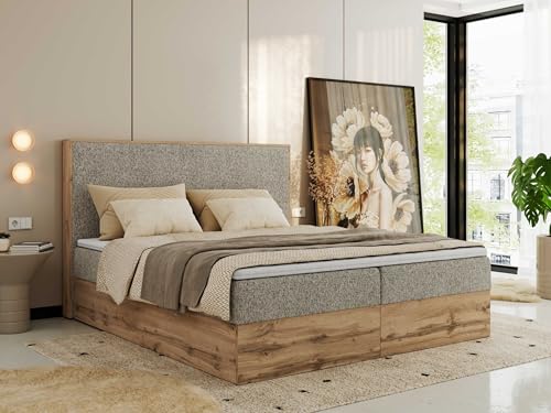 MKS MEBLE Boxspringbett 160x200 mit Bettkasten Holz Holzrahmen, Boxbett mit Matratze H3 und Kopfteil - Dunkelbeige Strukture - Wood Classic von MKS MEBLE