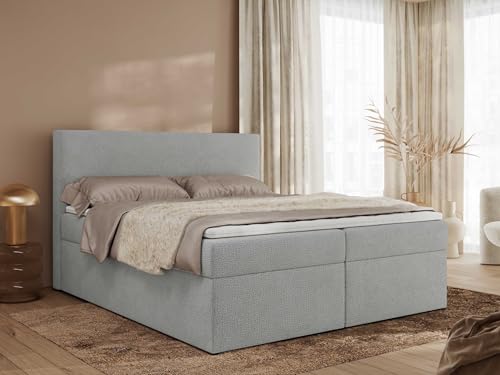 MKS MEBLE Boxspringbett 180x200, Boxspringbett mit Matratze H4, Bett mit Bettkasten and Kopfteil, Doppelbett mit Stauraum - Jaguar - Hellgrau - Struktur dekostoff - H4 von MKS MEBLE