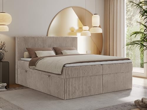 MKS MEBLE Boxspringbett 180x200 Hellbraun Cord, Boxspringbett mit Matratze H4, Bett 180x200 mit Bettkasten and Kopfteil, Doppelbett mit Stauraum, Polsterbett 180x200 - Tiliano von MKS MEBLE