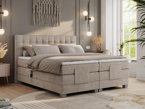 MKS MEBLE Boxspringbett 180x200 elektrisch verstellbar 7-Zonen Taschenfederkern Matratze inkl Visco Topper Bett 180x200 mit Motor Polsterbett Motorbett - Elektro - Beige Struktur - H4 von MKS MEBLE