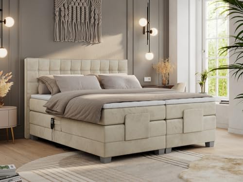 MKS MEBLE Boxspringbett 180x200 elektrisch verstellbar 7-Zonen Taschenfederkern Matratze inkl Visco Topper Bett 180x200 mit Motor Polsterbett Motorbett - Elektro - Beige Velvet - H3 von MKS MEBLE