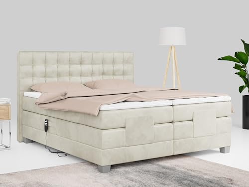 MKS MEBLE Boxspringbett 180x200 elektrisch verstellbar 7-Zonen Taschenfederkern Matratze inkl Visco Topper Bett 180x200 mit Motor Polsterbett Motorbett - Elektro - Beige Velvet - H4 von MKS MEBLE