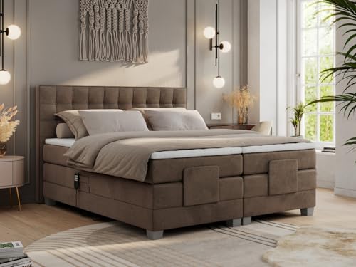 MKS MEBLE Boxspringbett 180x200 elektrisch verstellbar 7-Zonen Taschenfederkern Matratze inkl Visco Topper Bett 180x200 mit Motor Polsterbett Motorbett - Elektro - Braun Velvet - H4 von MKS MEBLE
