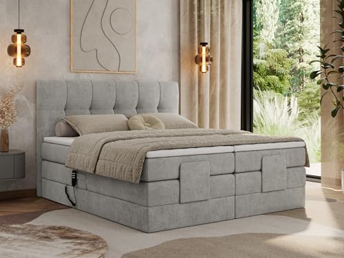 MKS MEBLE Boxspringbett 180x200 elektrisch verstellbar 7-Zonen Taschenfederkern Matratze mit TopperBett mit Motor Polsterbett Motorbett - Vittoria - Hellgrau Strukture - H3 von MKS MEBLE