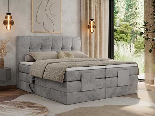 MKS MEBLE Boxspringbett 180x200 elektrisch verstellbar 7-Zonen Taschenfederkern Matratze mit TopperBett mit Motor Polsterbett Motorbett - Vittoria - Hellgrau Velvet - H3 von MKS MEBLE