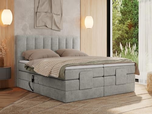 MKS MEBLE Boxspringbett 180x200 elektrisch verstellbar 7-Zonen Taschenfederkern Matratze und Topper Bett 180x200 mit Motor Polsterbett Motorbett - Comforto - Hellgrau Strukture - H4 von MKS MEBLE