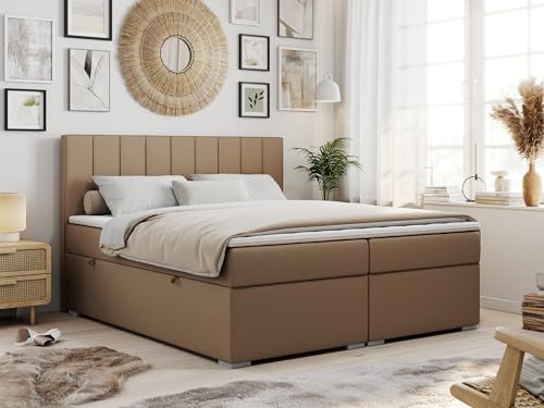 MKS MEBLE Boxspringbett 180x200 mit 2 Bettkästen, Polsterbett 180x200 mit Matratze H3 Topper, Boxspringbett 180x200, Polsterbett 180x200, Bett 180x200 mit Kopfteil - Braun Kunstleder - H3 - Ally von MKS MEBLE