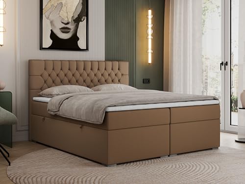 MKS MEBLE Boxspringbett 180x200 mit Bettkästen, Bett 180x200 mit Matratze und Topper, Polsterbett 180x200 mit Bettkasten und Matratze - PERA - Braun Kunstleder - H4 von MKS MEBLE