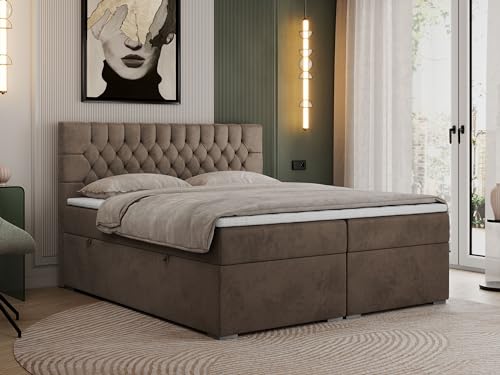 MKS MEBLE Boxspringbett 180x200 Mit Bettkästen, Matratze und Topper, Polsterbett Mit Bettkasten - PERA - Braun Velvet - H4 von MKS MEBLE