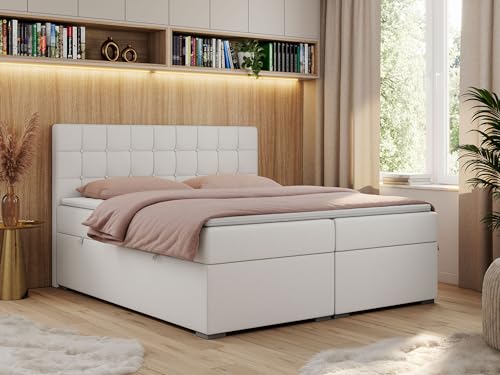 MKS MEBLE Boxspringbett 180x200 mit Bettkasten, Bett 180x200 mit Stauraum und Kopfteil, Polsterbett mit Multipocket - Matratze H3 und Topper - Carmen - Weiß Kunstleder MKS MEBLE Boxspringbett 180x200 mit Bettkasten, Bett 180x200 mit Stauraum und Kopfteil, Polsterbett mit Multipocket - Matratze H3 und Topper - Carmen - Weiß Kunstleder von MKS MEBLE