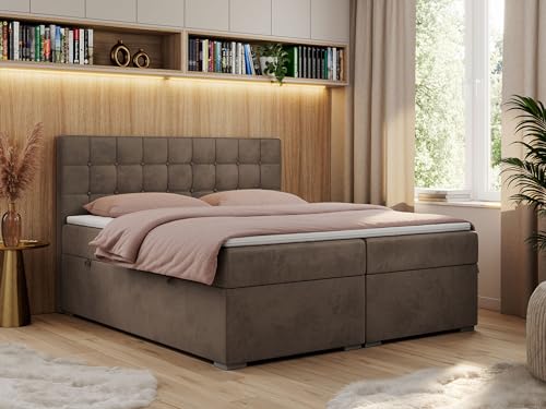 MKS MEBLE Boxspringbett 180x200 mit Bettkasten, Bett 180x200 mit Stauraum und Kopfteil, Polsterbett mit Multipocket - Matratze H4 und Topper - Carmen - Braun Velvet von MKS MEBLE